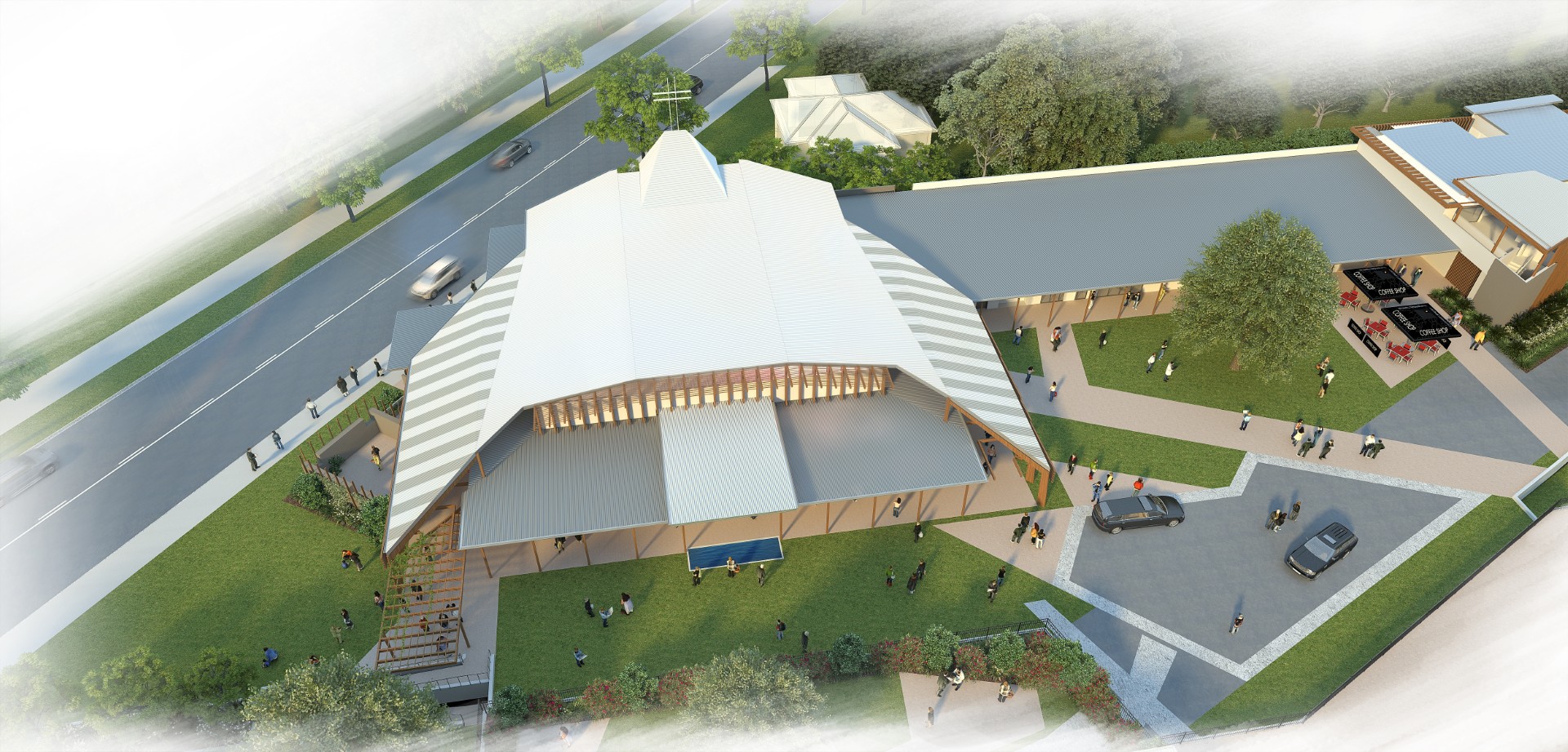 Stella Maris concept render showing roofscape, lawn and arrival spaces.