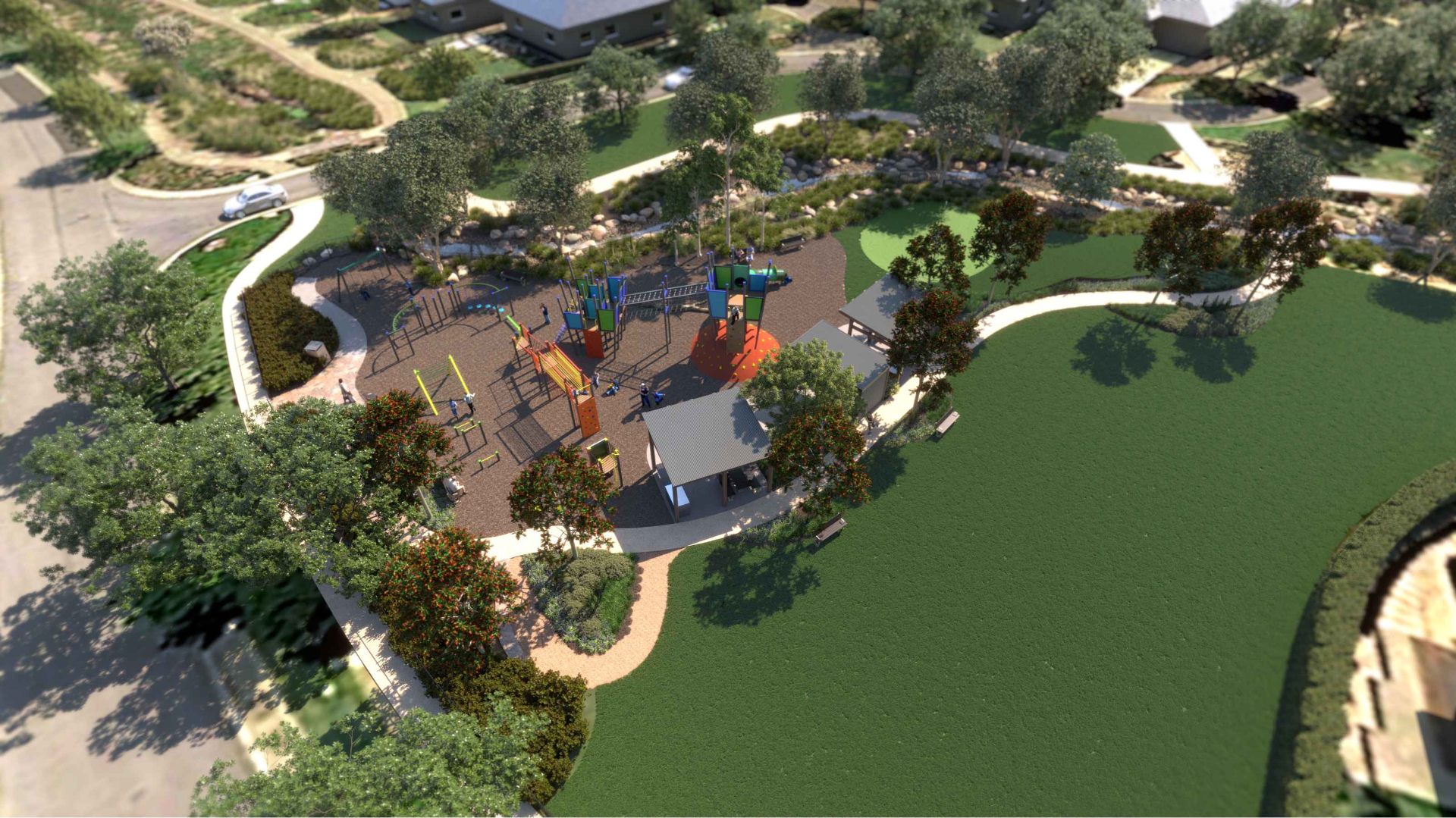 Aerial render of Boondooma Dam playground and surrounding open space.