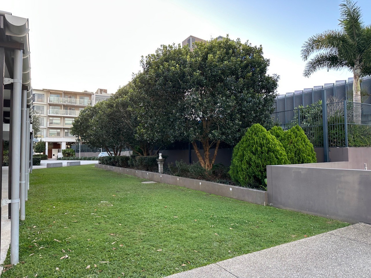 Apartment courtyard lawn with planted boundary and surrounding buildings.