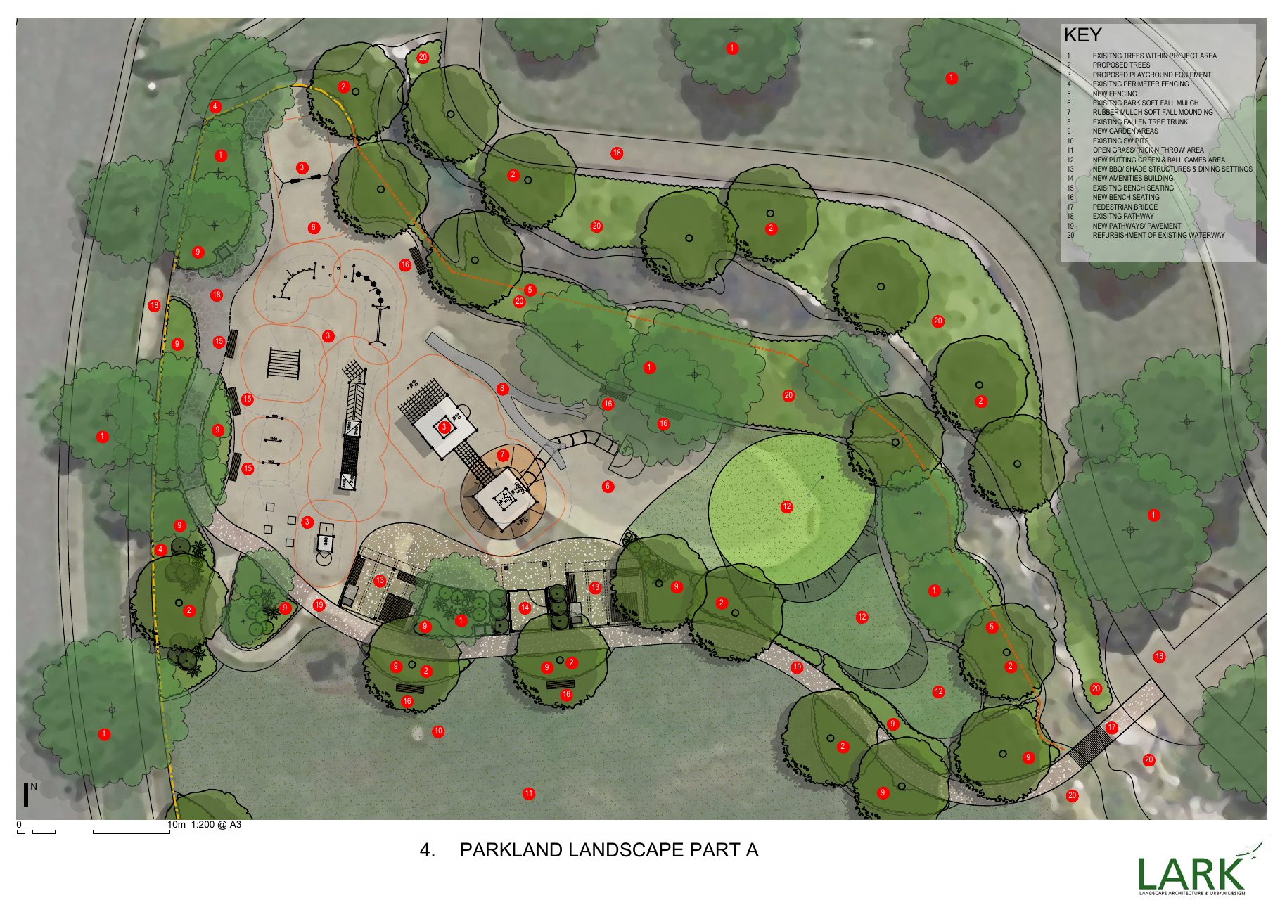 Niblick Park parkland landscape plan Part A with numbered key of playground, BBQ, putting green and pathway elements.